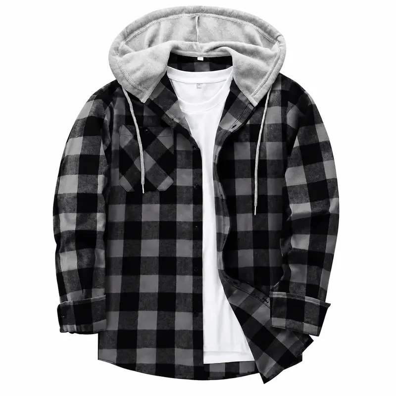 Men's Plus-Size Plaid Flannel Hooded Long-Sleeve Shirt Jacket