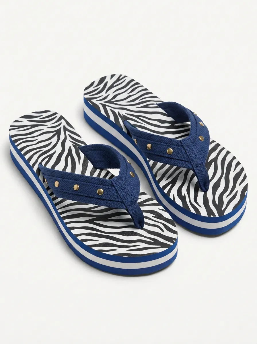 Women's Zebra Pattern Studded Strap Printed Flip Flops