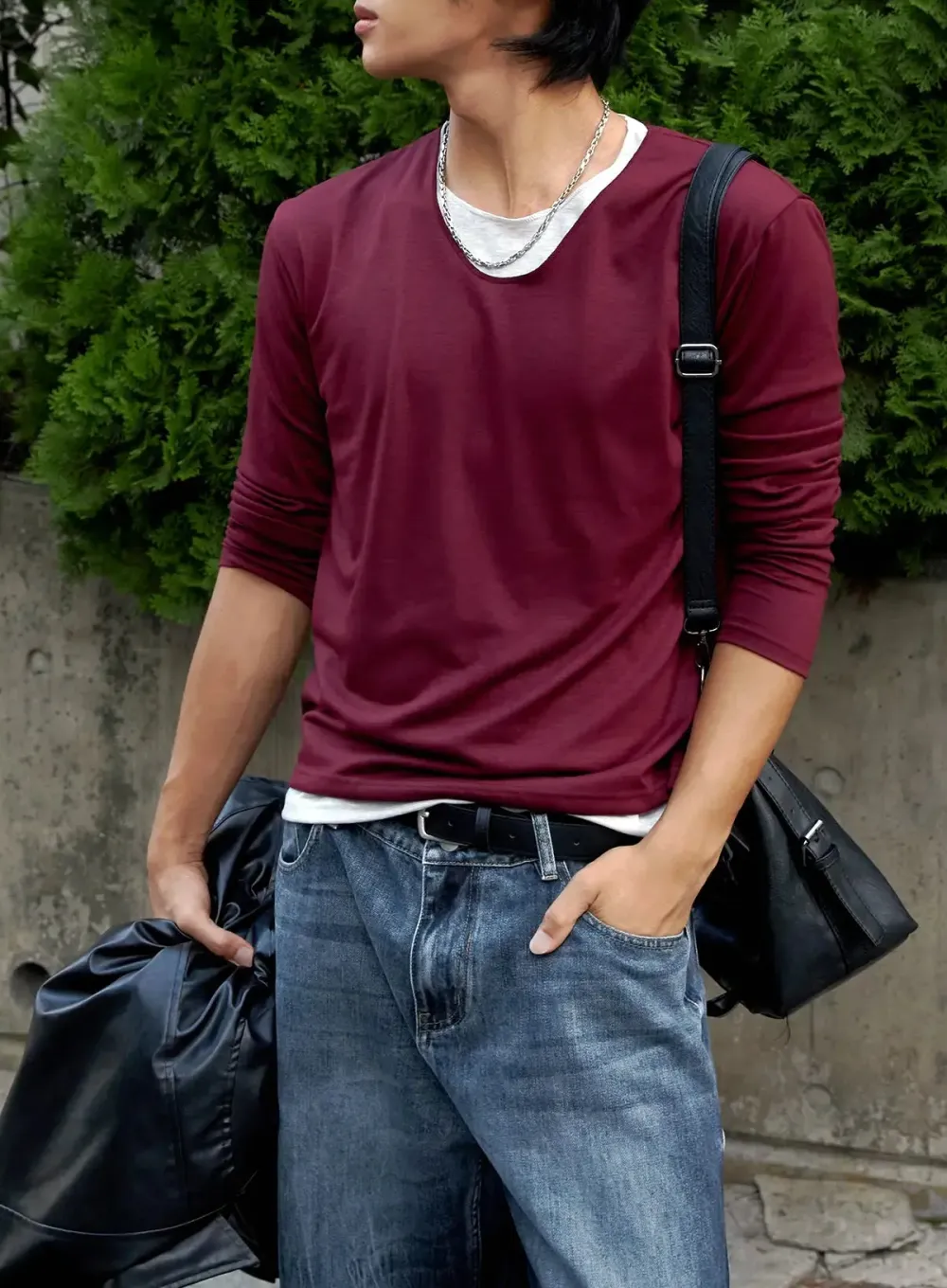 Men's Layered V-Neck Long Sleeve Tee