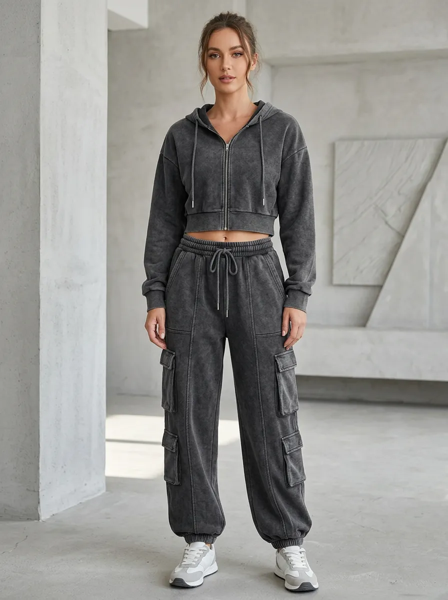 Studio Zip-Up Vintage-Wash Women's Cropped Zip-Up Hoodie Jogger Active Set