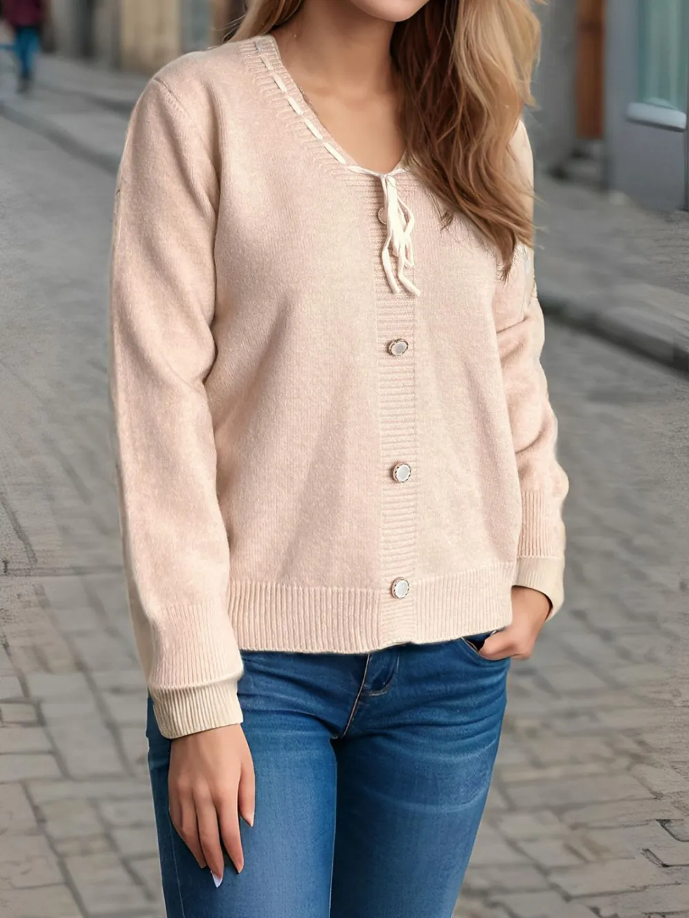 Tied V-Neck Long-Sleeve Sweater