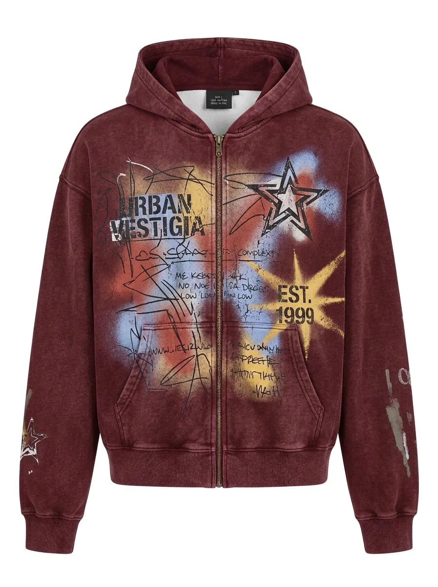 Unisex Streetwear Urban Vestigia Star Graffiti Printed Zip-up Hoodie