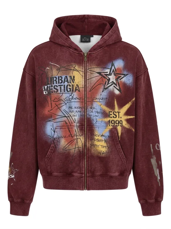 Unisex Streetwear Urban Vestigia Star Graffiti Printed Zip-up Hoodie