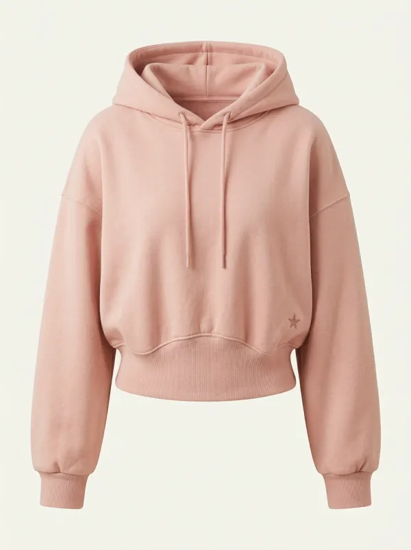 Women's Casual Minimalist Star Embroidered Beige Cropped Hoodie