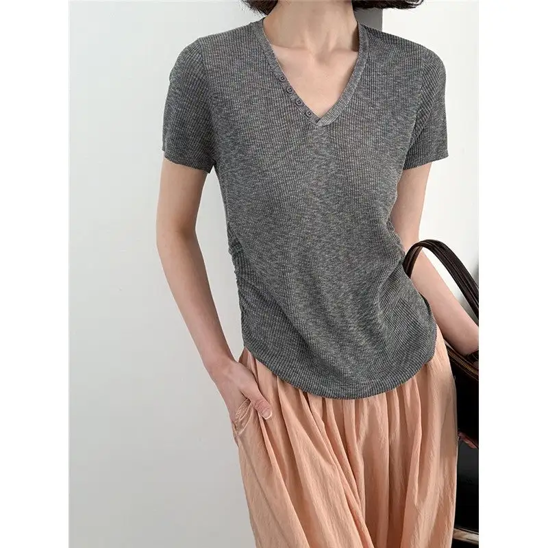 Button V-Neck Short Sleeve T-Shirt