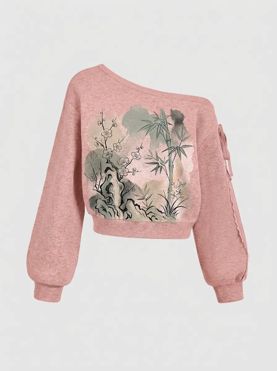 Women's Asian Art Bamboo Plum Blossom Printed Off-Shoulder Sweatshirt