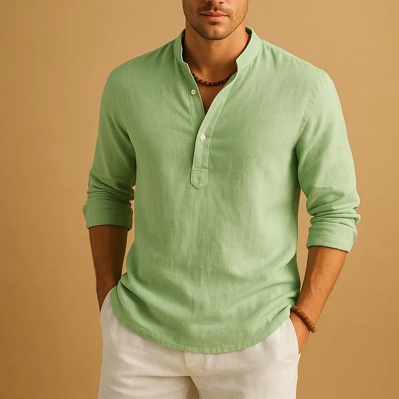 Linen Mandarin Collar Long Sleeve Shirt