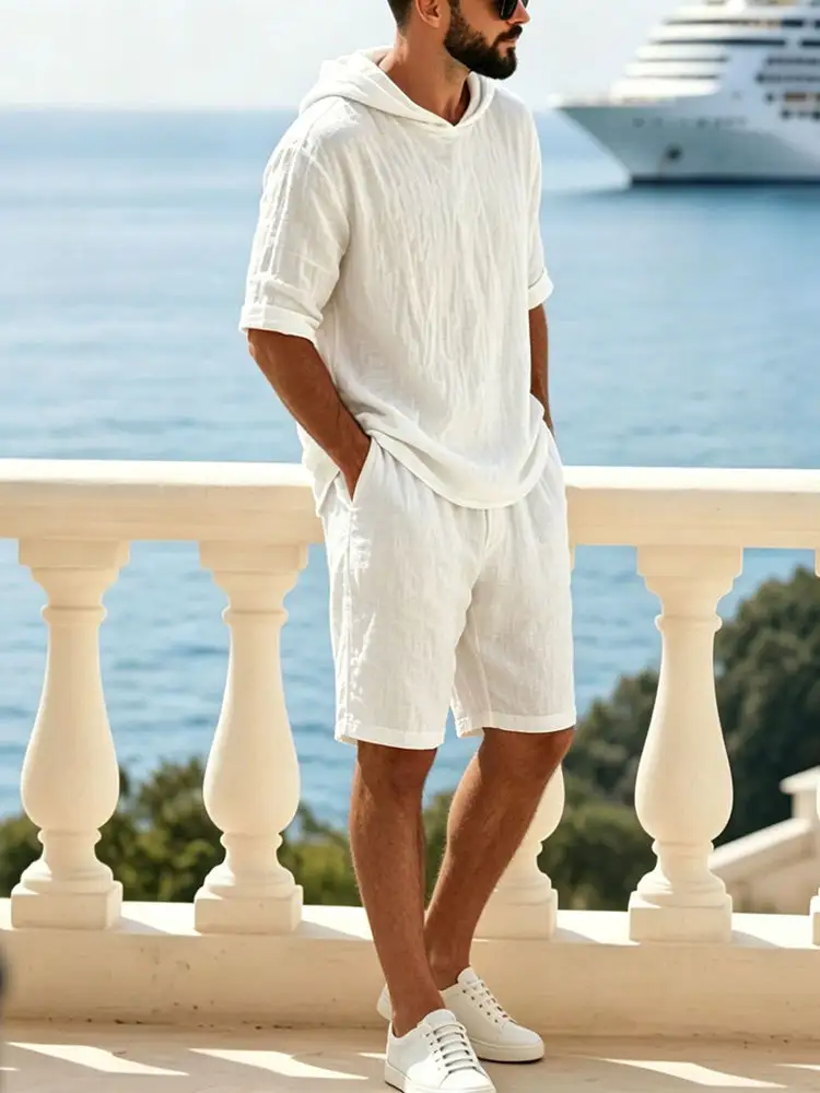 Washed Cotton Linen Hoodie Short Two Piece Set