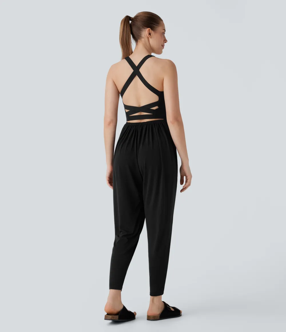 U Neck Pocket Harem Casual Jumpsuit-Easy Peezy