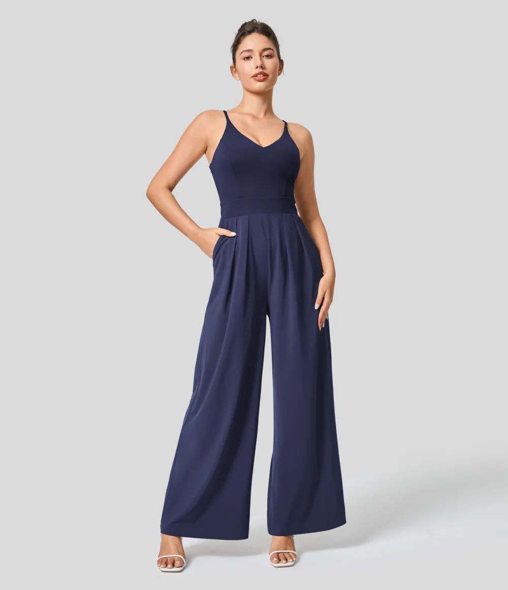 Breezeful Backless Side Invisible Zipper Pocket Wide Leg Quick Dry Resort Slip Jumpsuit