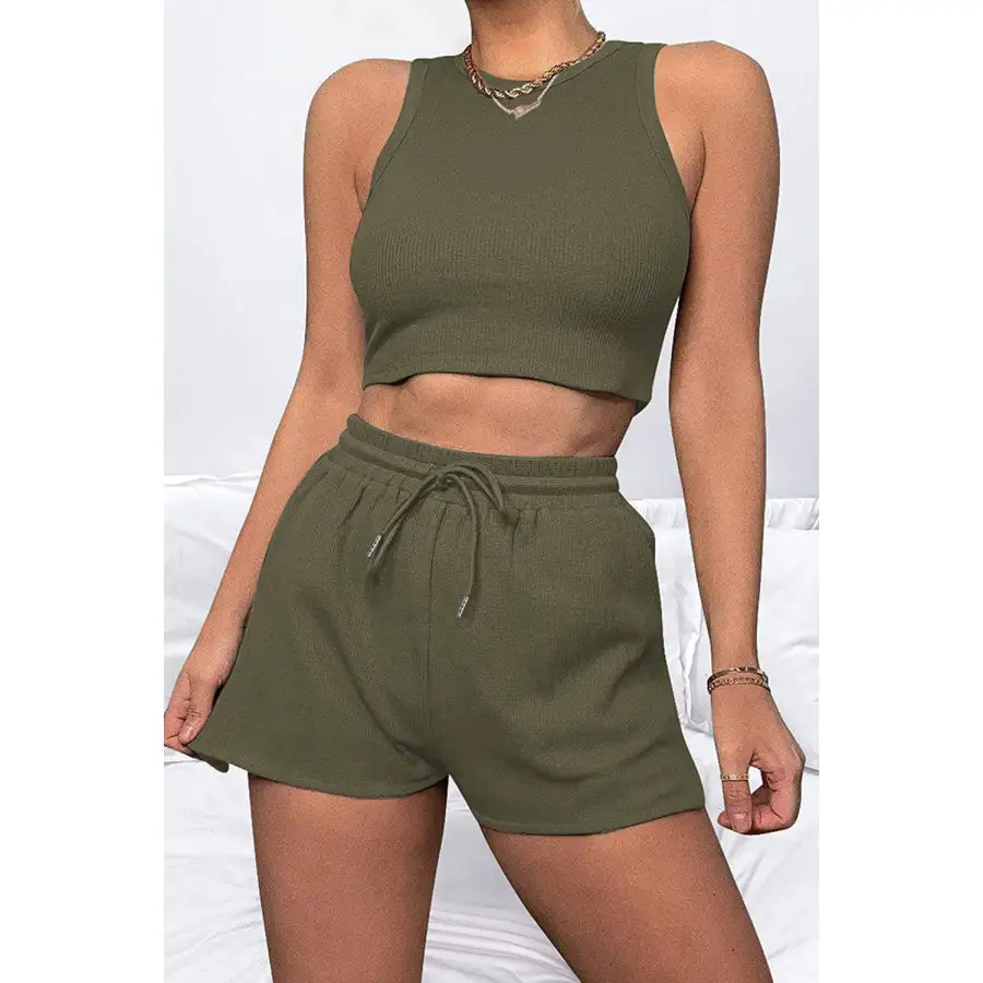 Relaxed Round Neck Top and Drawstring Shorts Set