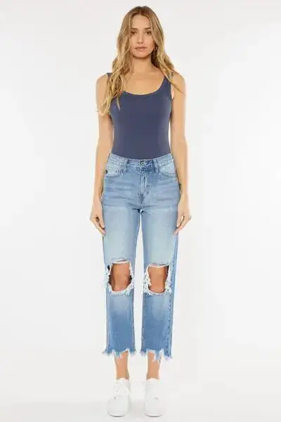 High Waist Chewed Up Straight Mom Denim Jeans