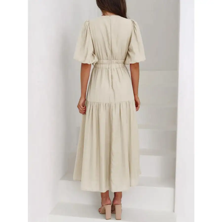 Neck V-Neck Puff Sleeve Midi Dress