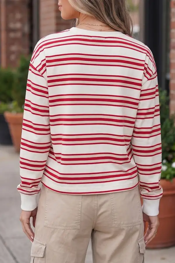 Women's Striped Long Sleeve Drop Shoulder Pullover Top