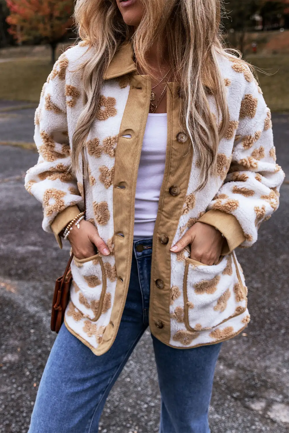 Women's Cute Flower Pattern Button Up Fleece Jacket