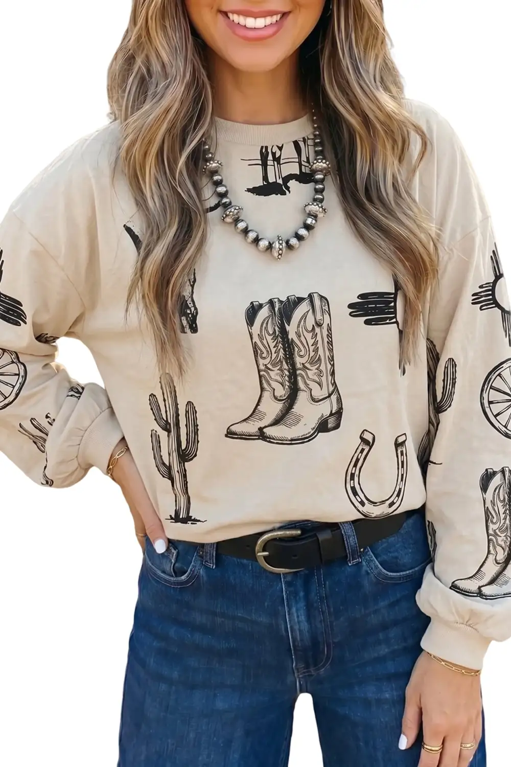 Western Print Round Neck Ribbed Relaxed Long Sleeve Top