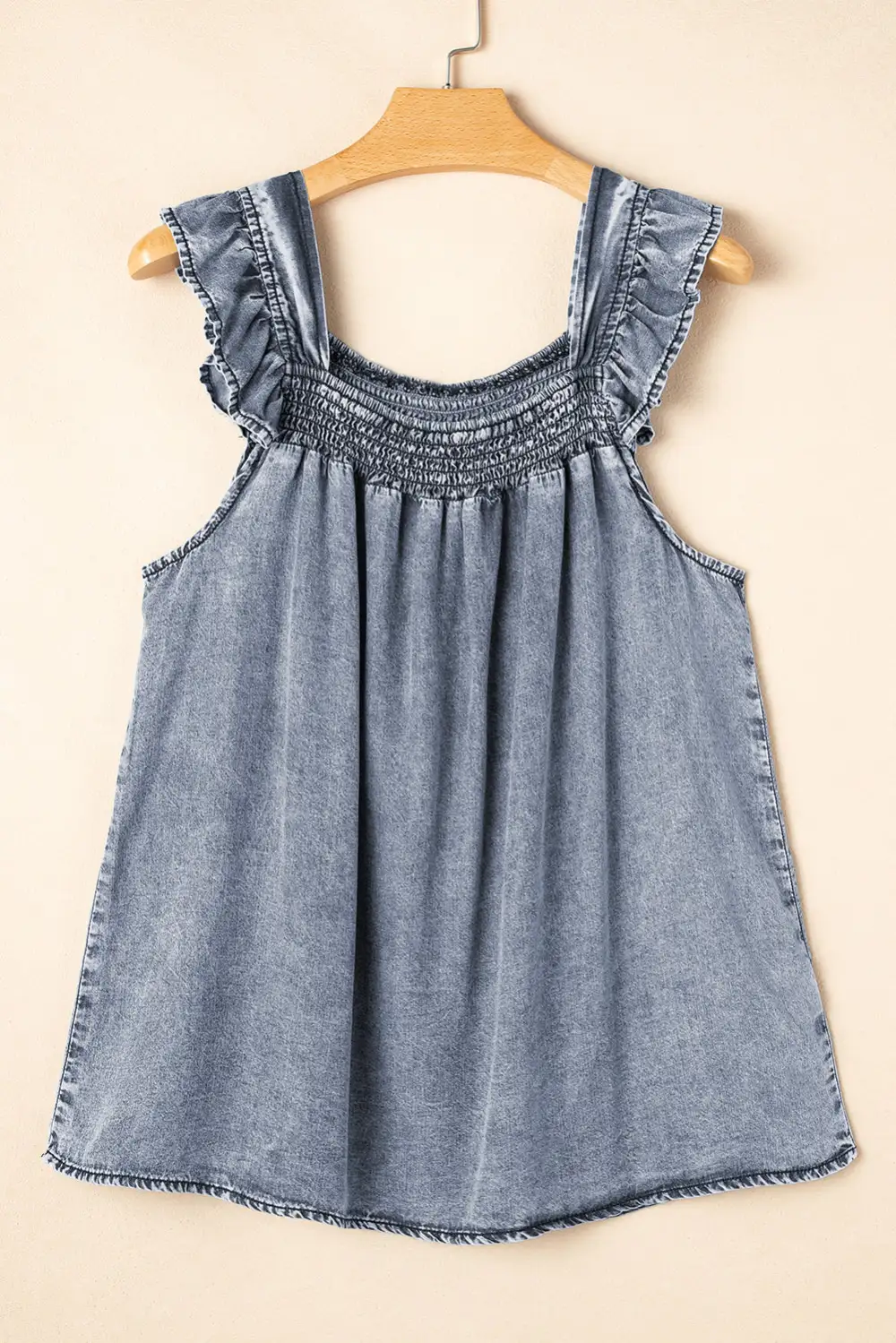 Square-Neck Shirred Ruffled Denim  Tank Top