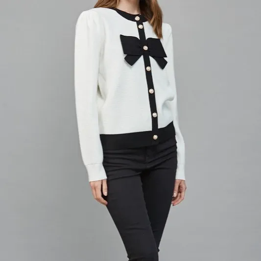 Ribbed Button Front Bow Front Rhinestone Detail Cardigan