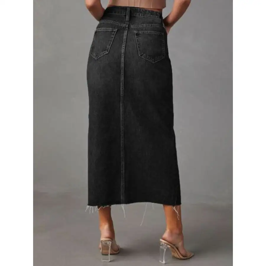 Raw Hem Front Slit Denim Midi Skirt
