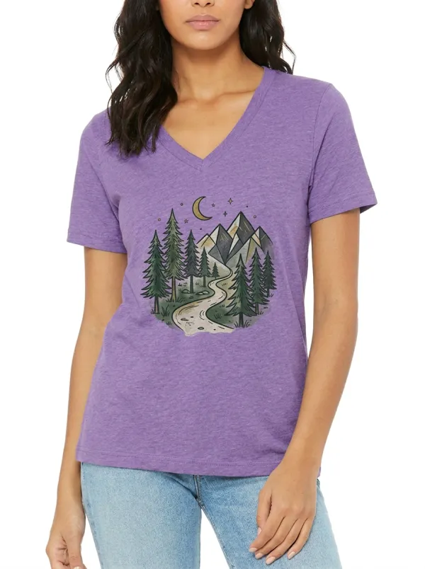 Women's Nature Lover Mountain Forest Moon Printed V-Neck T-Shirt