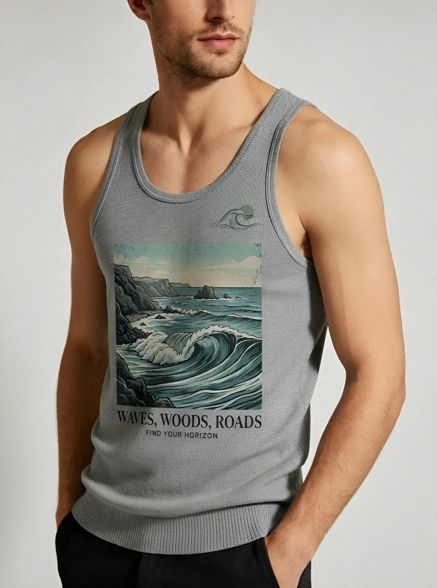 Men's Ocean Landscape Waves Printed Tank Top