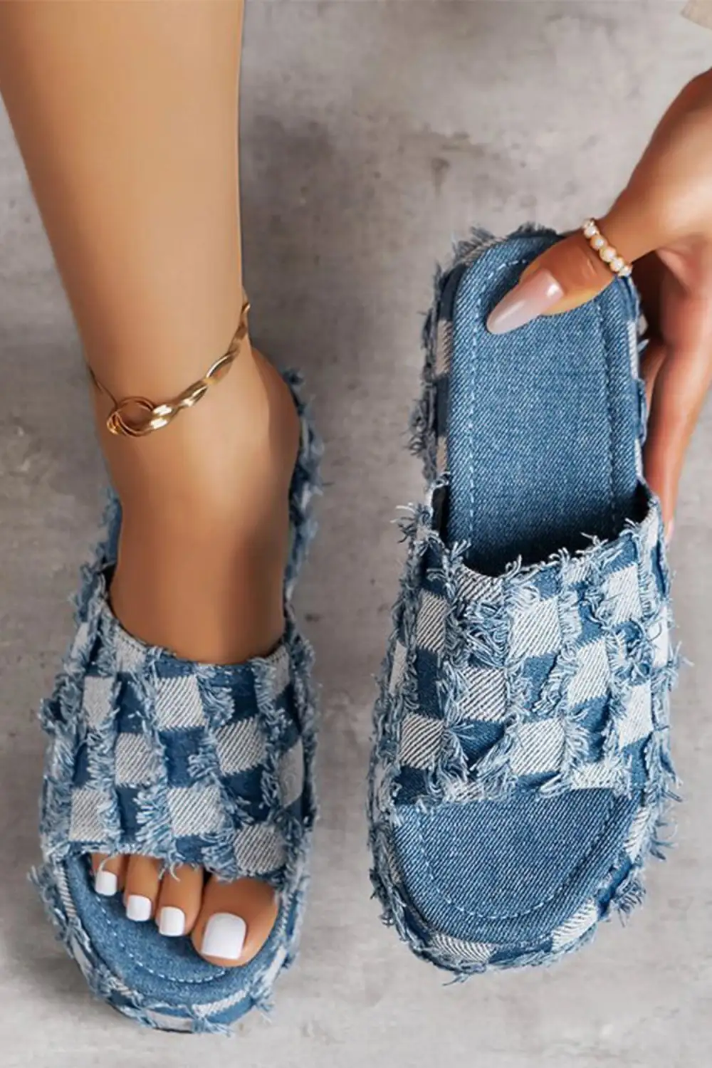 Checkered Frayed Canvas Platform Sandals