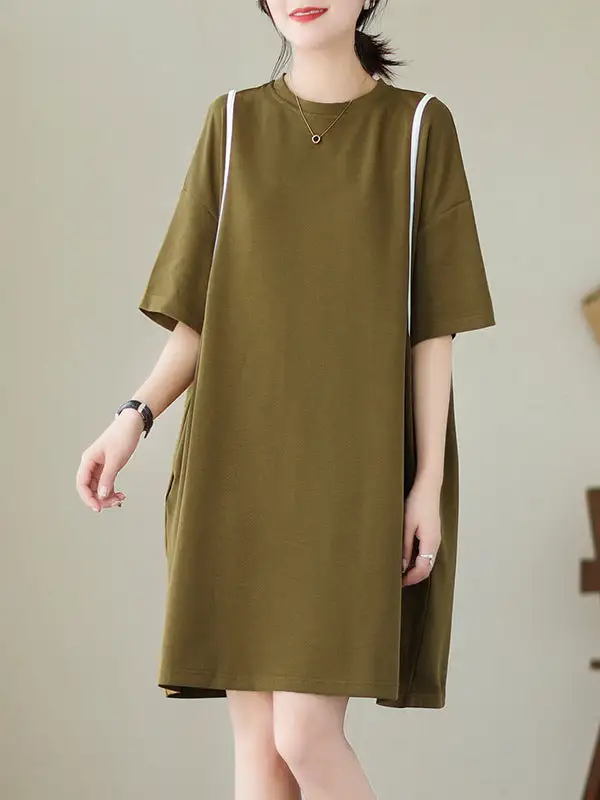 Relaxed Short Sleeve Split Joint Round Neck Mini Dress