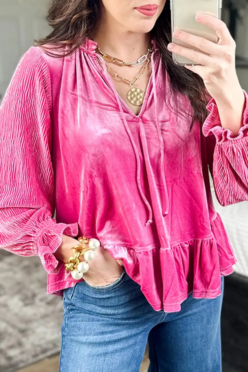 Solid V Neck Velvet Relaxed Stretch Fabric Long Sleeve Top