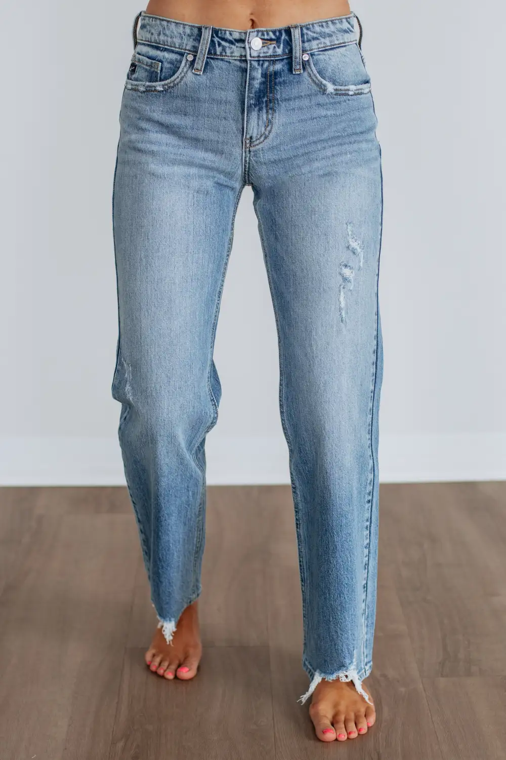 Women's Mid Rise Straight Leg Distressed Hem Jeans