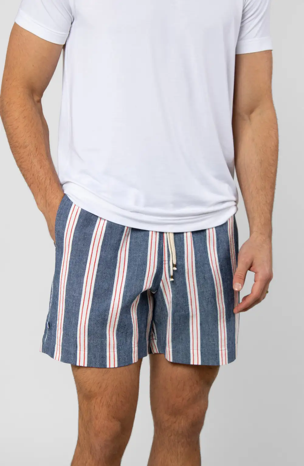 Men's Striped Cotton Linen Welt Pocket Shorts