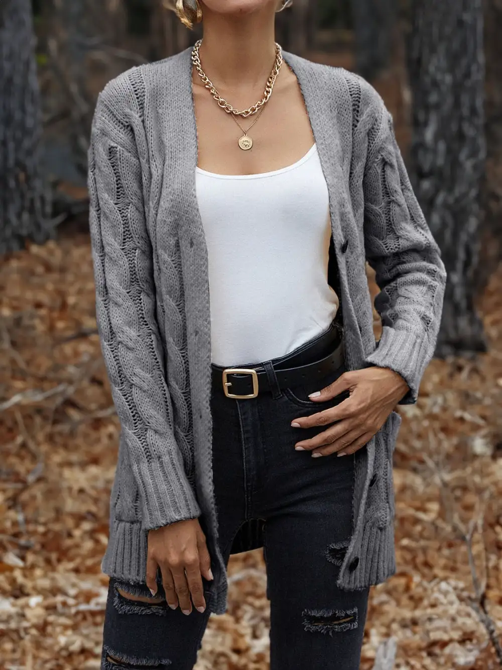 Cable-Knit Button-Down Cardigan