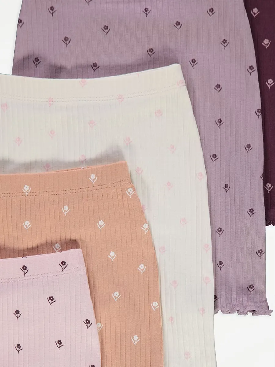 Floral Ribbed Lettuce Trim Leggings 5 Pack