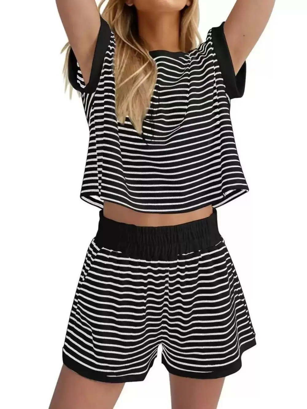 Striped Round Neck Top and Shorts Set
