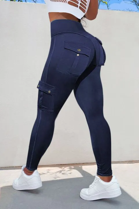 Solid Flap Pocket High Waist Leggings