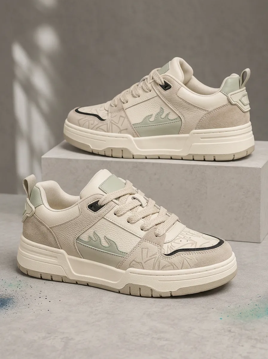 Men's Beige Flame Pattern Printed Skate Shoes