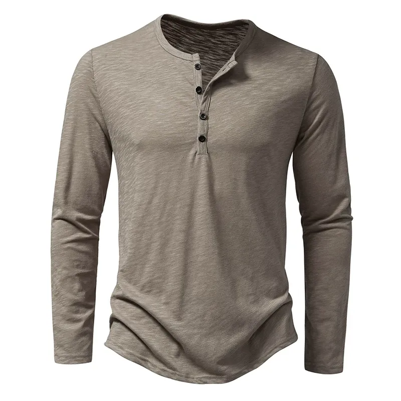 Men's Fashion: 2026 Autumn Western-Style Long-Sleeve Henley T-Shirt (Slub Cotton)