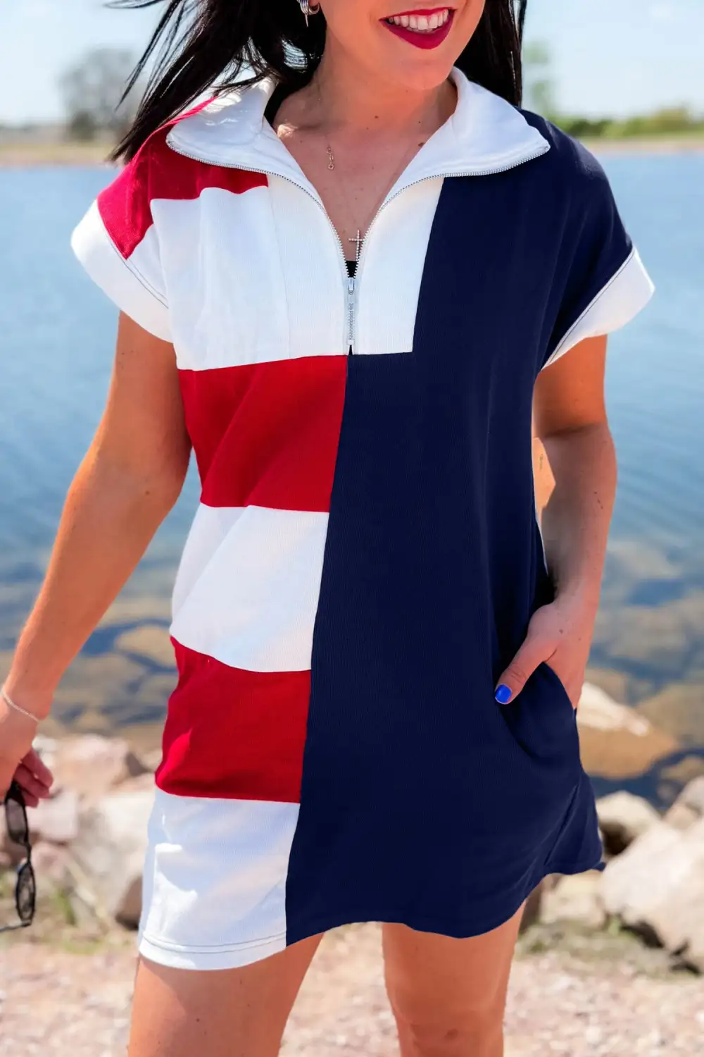 Americana Colorblock Stripes Zip Up Collared T Shirt Mini Dress
