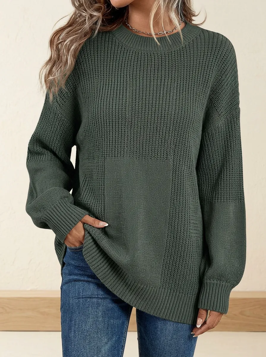 Women's Casual Minimalist Dark Green Ribbed Knit Crewneck Sweater
