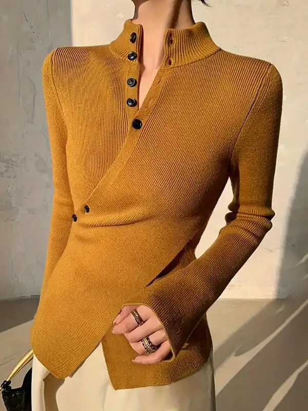 Asymmetric Split Front Paneled V-Neck Long Sleeve Sweater