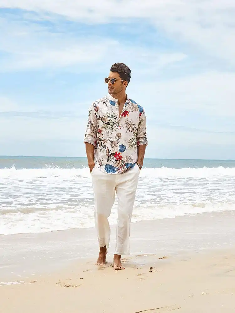 Cotton Linen Printed Henley Shirt