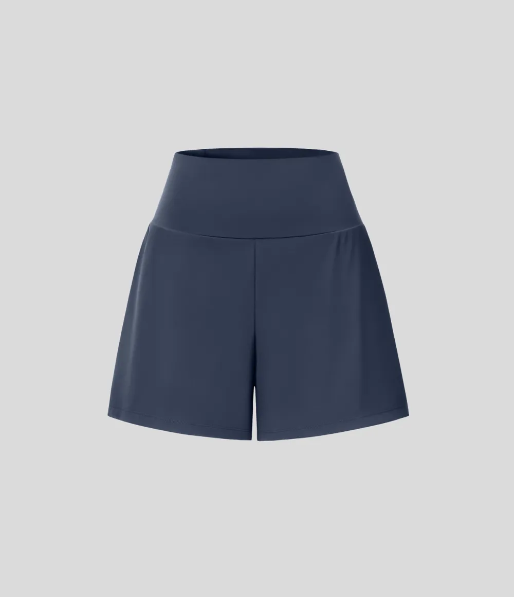 Super High Waisted Back Pocket & Side Hidden Pocket 2-in-1 Yoga Shorts 5''-Longer Length