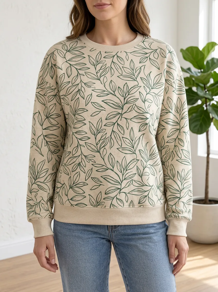 Women's Leaf Print Crewneck Sweatshirt Nature Inspired