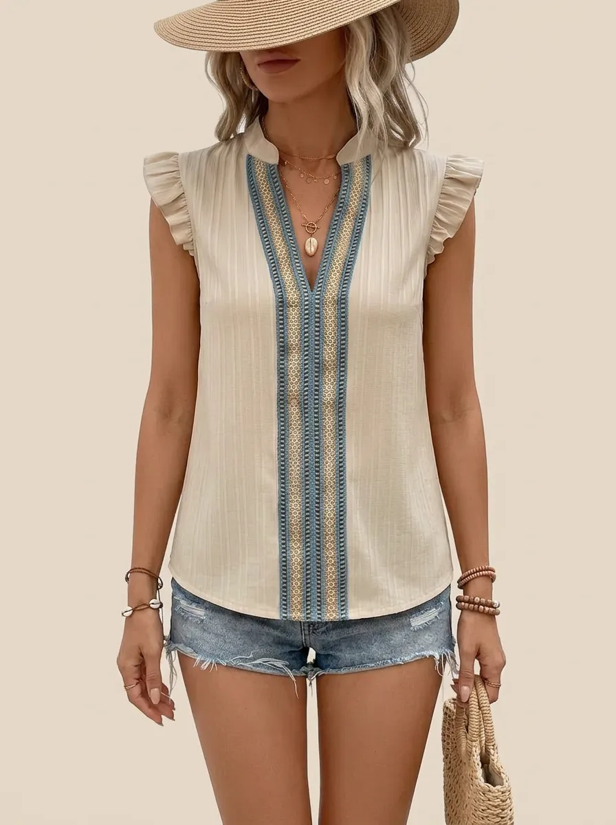 Boho Geometric Pattern Printed Ruffle Sleeve Top