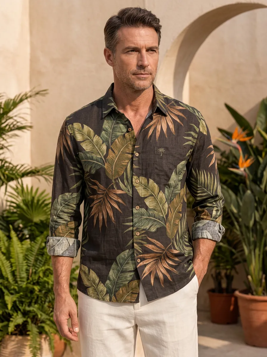 Men's Embroidered Tropical Print Long-Sleeve Shirt