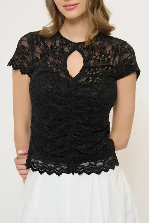 Women's Black Lace Keyhole Short Sleeve Top