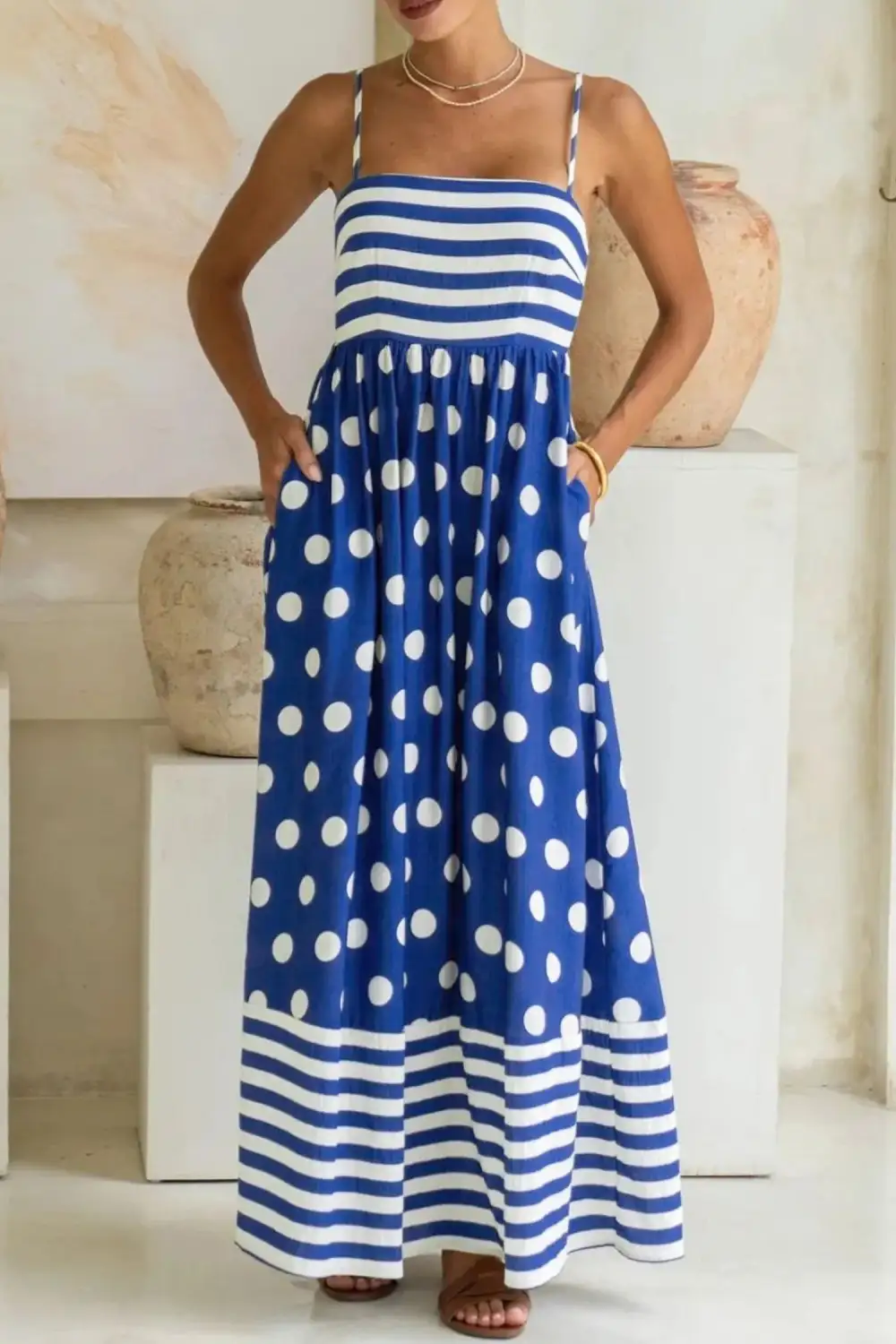Clean Line Striped Polka Dot High Waist Maxi Dress