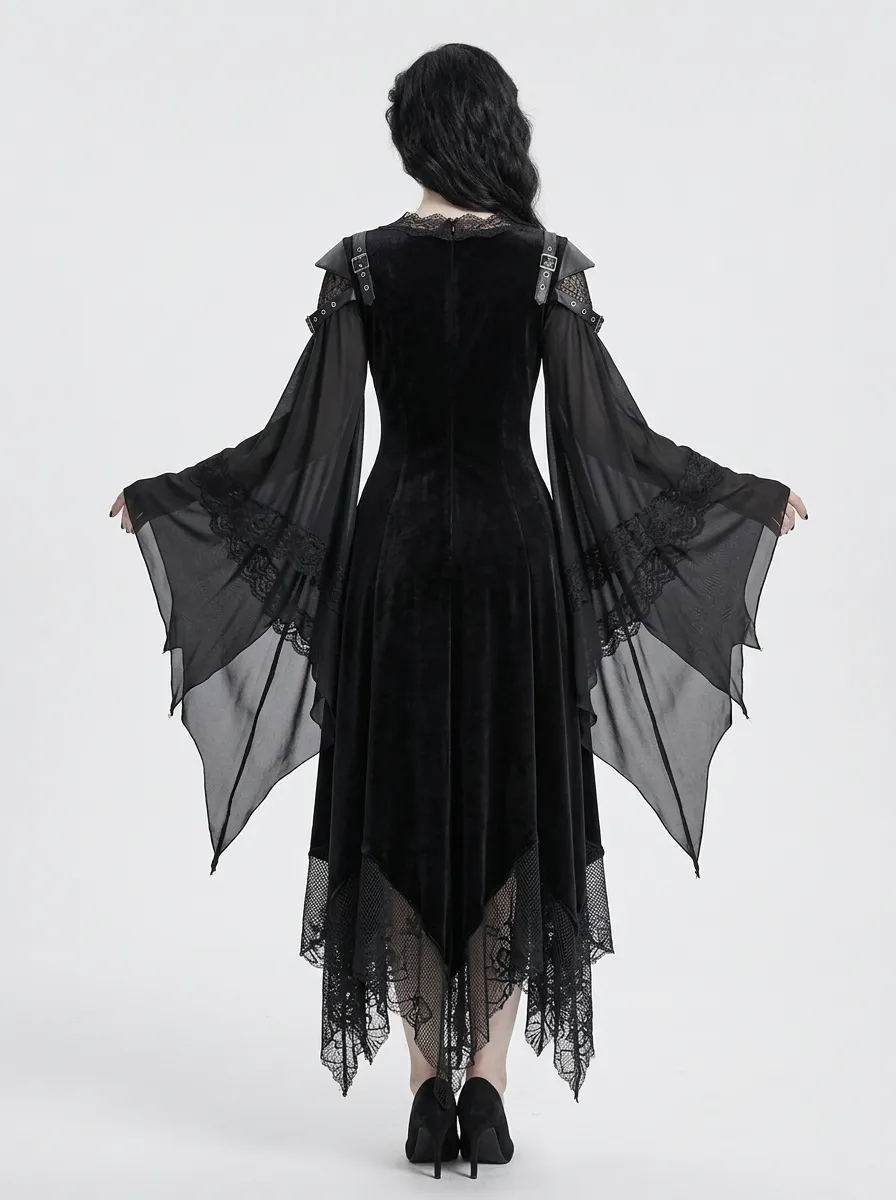 Punk Lace Velvet Bell Sleeve Edit Women's Gothic Dress