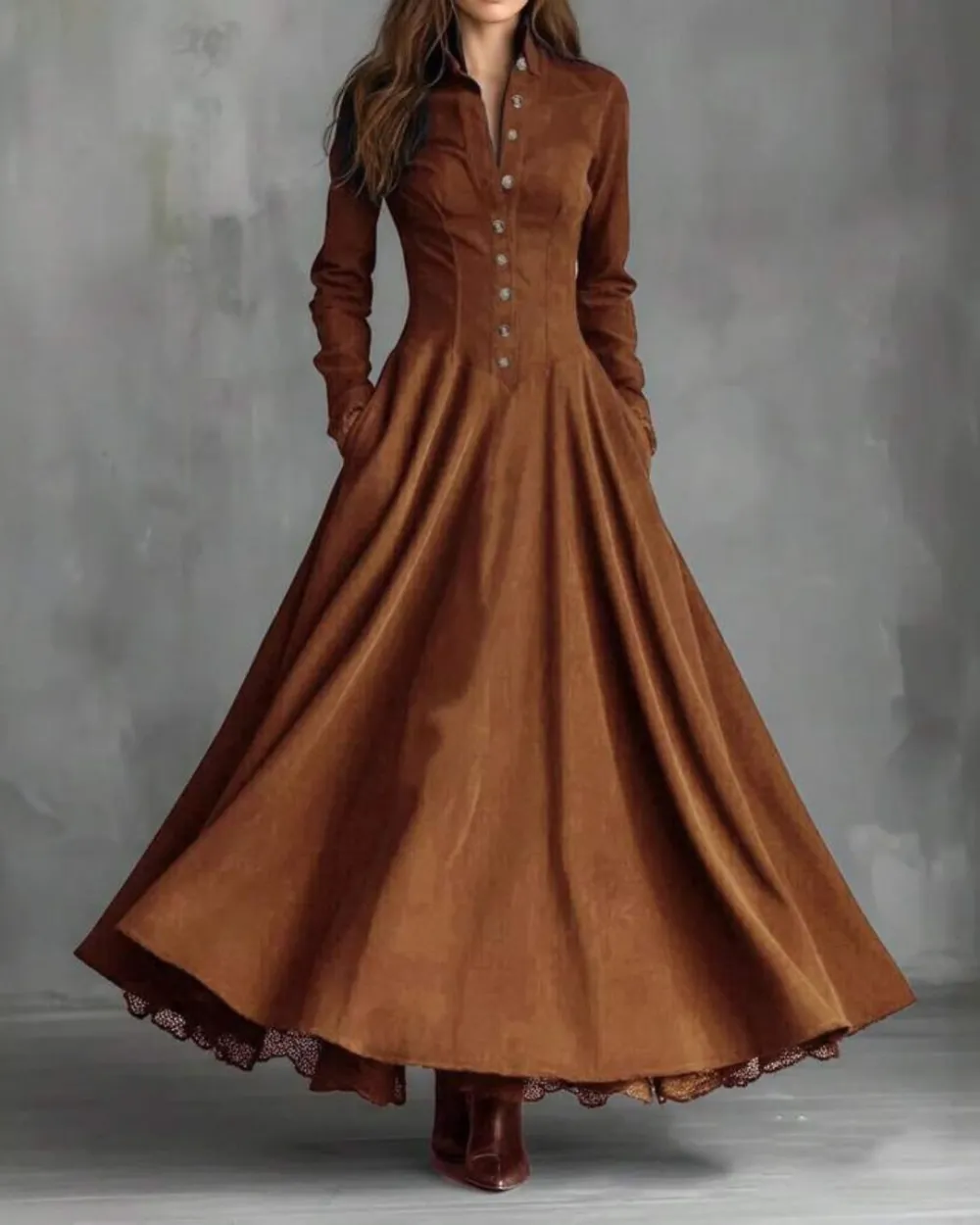 Vintage Faux Suede Lace Trim Shirt Maxi Dress
