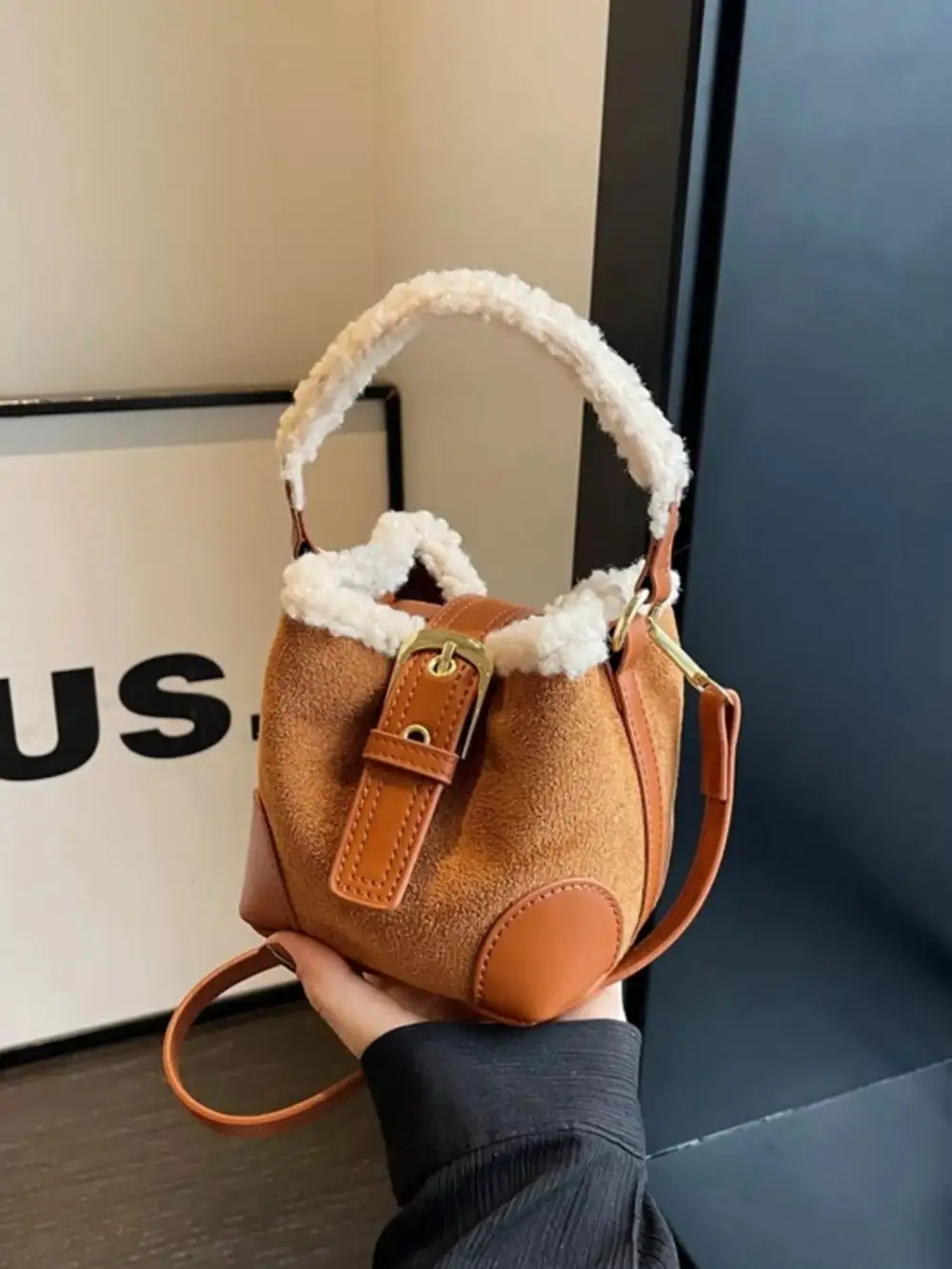 Fuzzy Trim Bucket Crossbody Bag