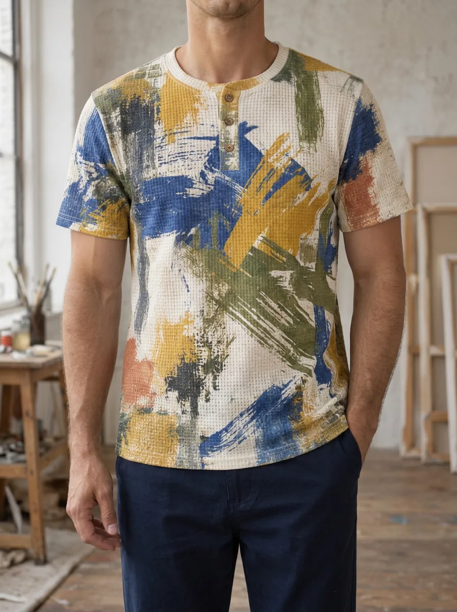 Men's Classic Abstract Paint Stroke Waffle Motif Henley T-Shirt